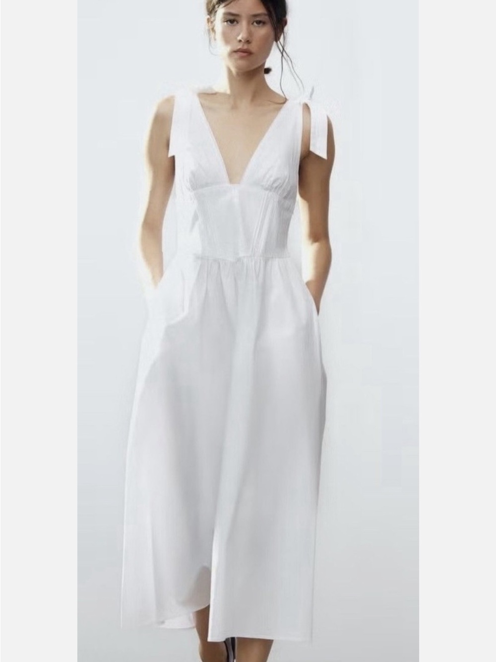 Zara Womens White Poplin Midi Dress Size XS Sleeveless bows Strap 0881/334 NWT
